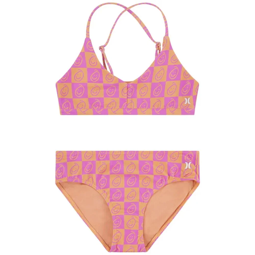Hurley Triangle Bikini Set Girls 10 Pink 25th Anniversary AOP Swimwear GBO922